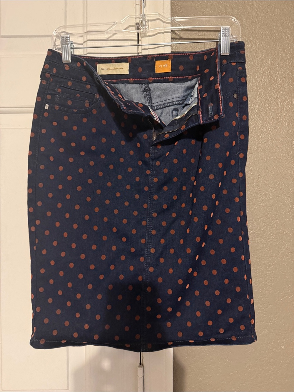 Pulcro Polka Dot Denim Pencil Skirt - Brown Dot Pattern